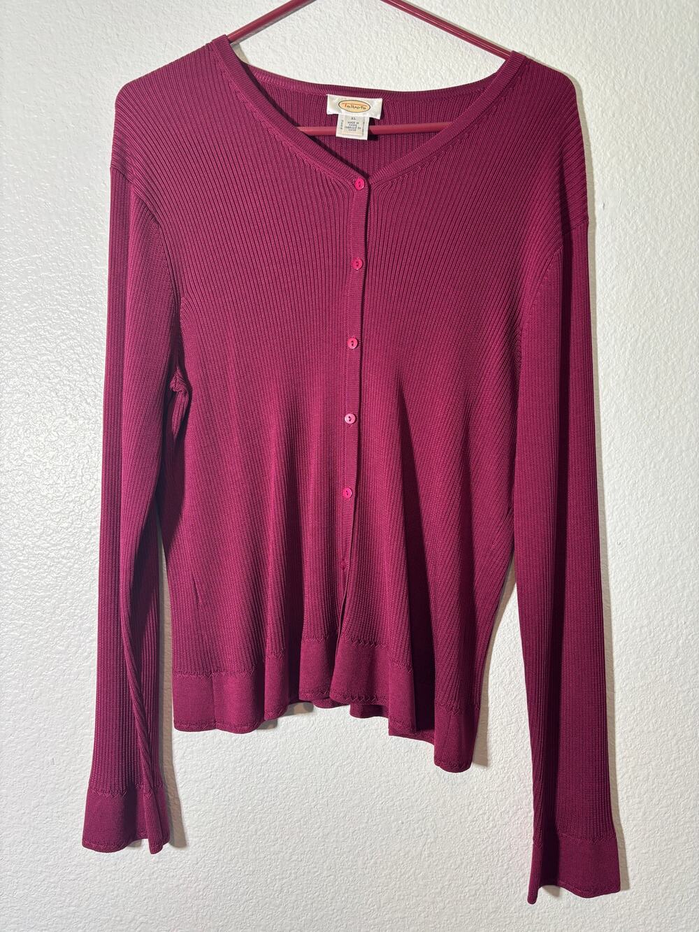 Vintage Talbots Size XL Silk Wine Red Ribbed Long Sleeve Button-Front Cardigan